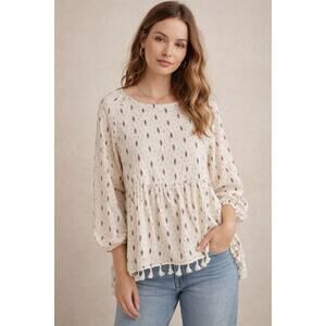 Anthropologie Eri + Ali Fringe Tassel Cream South Western Top Women's Size S
